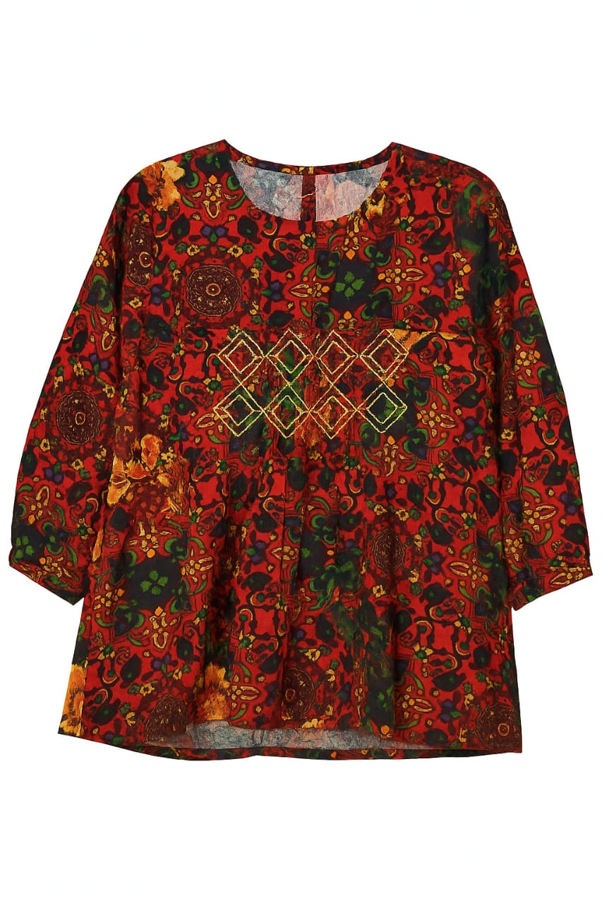Bohemian Floral Print Embroidered Tunic Top