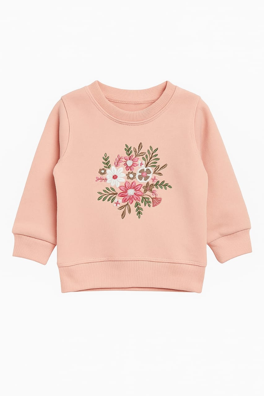 Peach Pink Embroidered Floral Sweatshirt